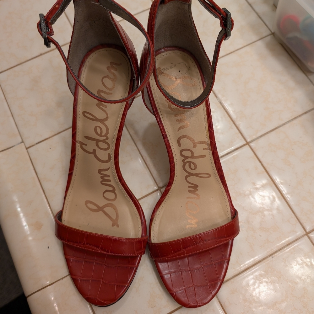 Sam Edelman Red Croc-Embossed Ankle-Strap Heels